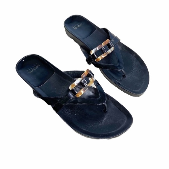 Stuart Weitzman Black Patent tortoise shell ring Thong Sandals Sz 7.5 - Picture 1 of 8